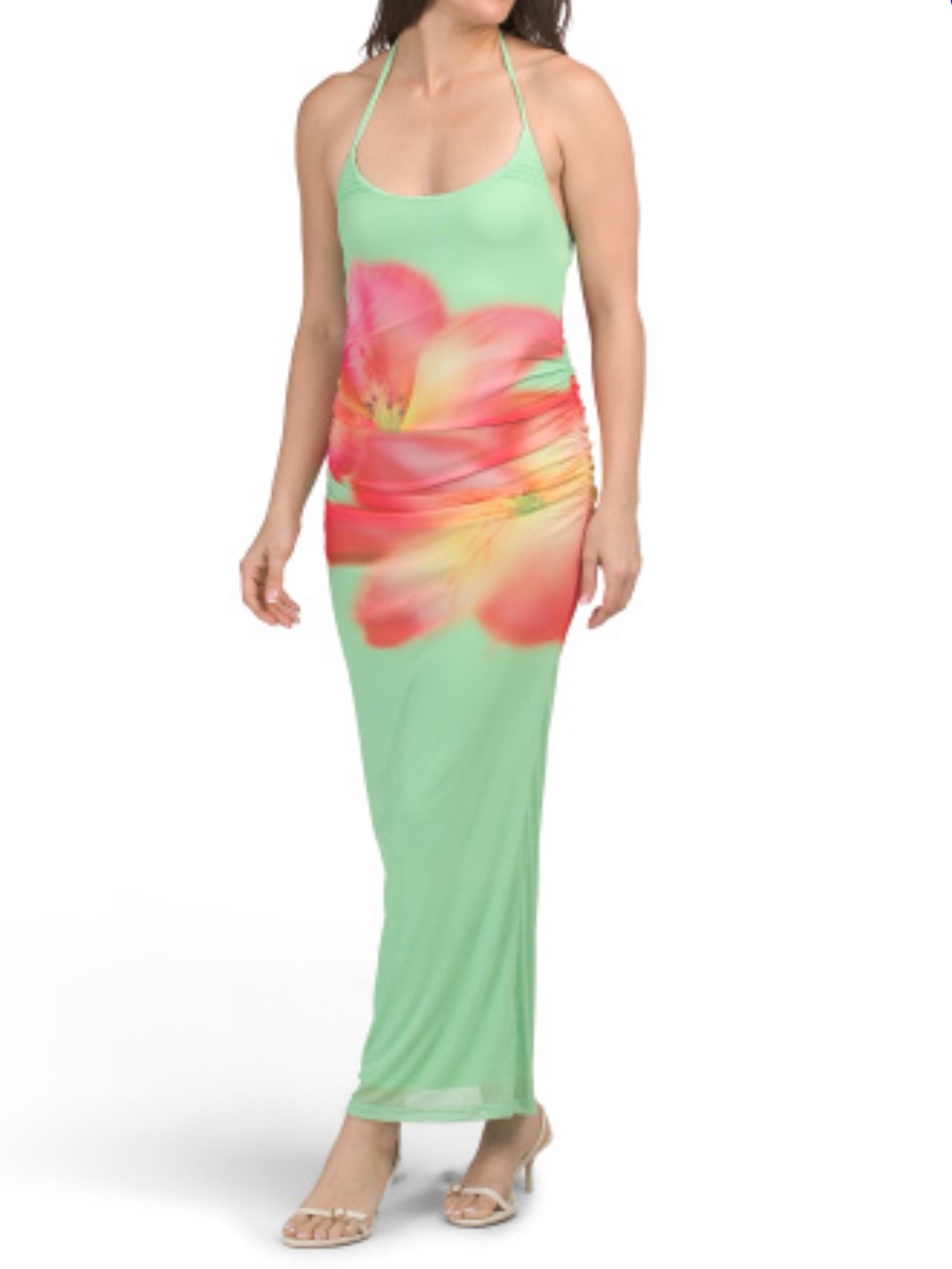 🆕 Madden Girl | Halter Neck Green Slip Dress with Pink Floral Print SZ S NWT